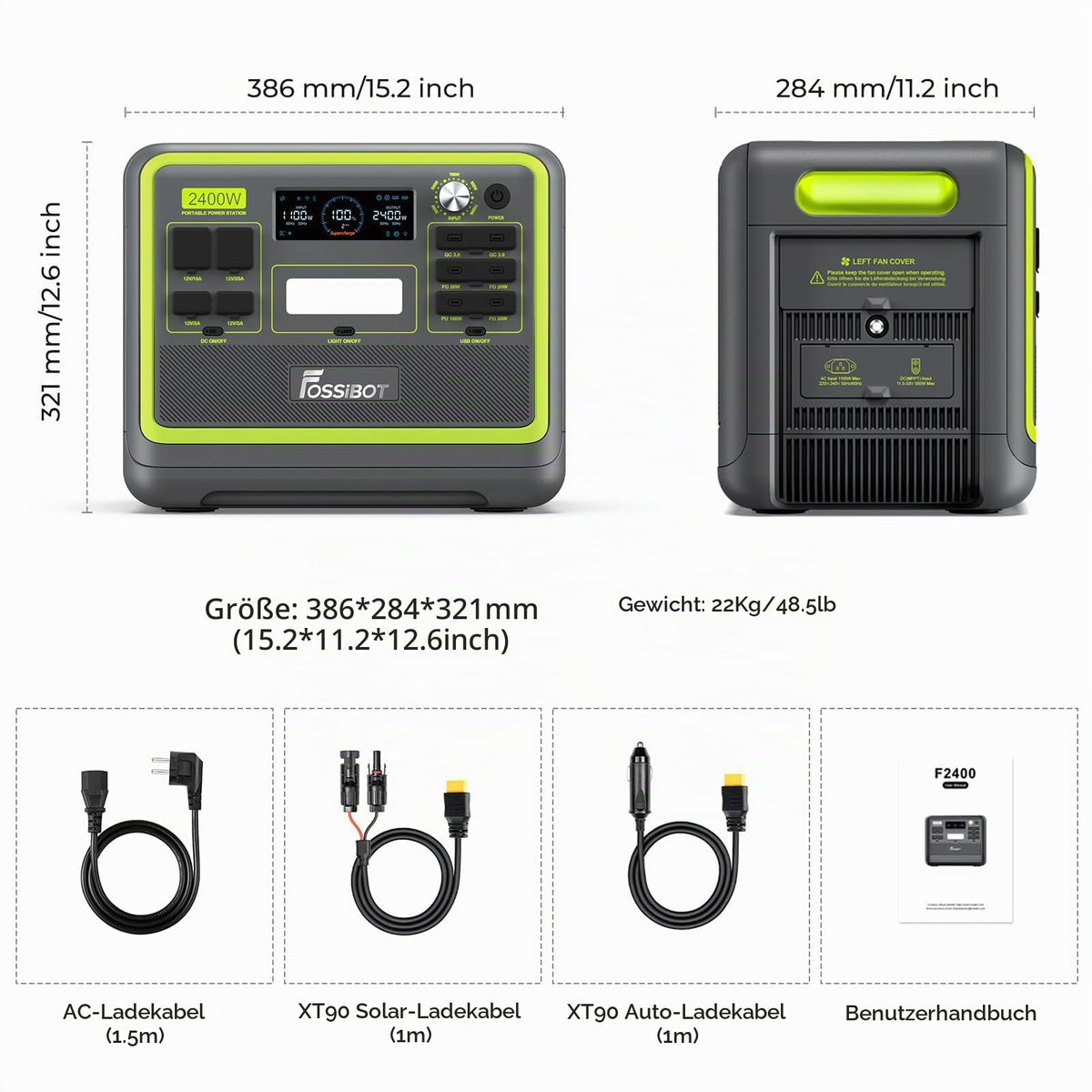 FOSSiBOT F2400 Powerstation mit 200W Solarpanel faltbar, Solargenerator 2048Wh LiFePO4 Batterie 230V 2400W 3AC Ausgängen, USV‑Funktion <10 ms Mobile Stromerzeuger für Camping/Reise/Zuhause/Notfall