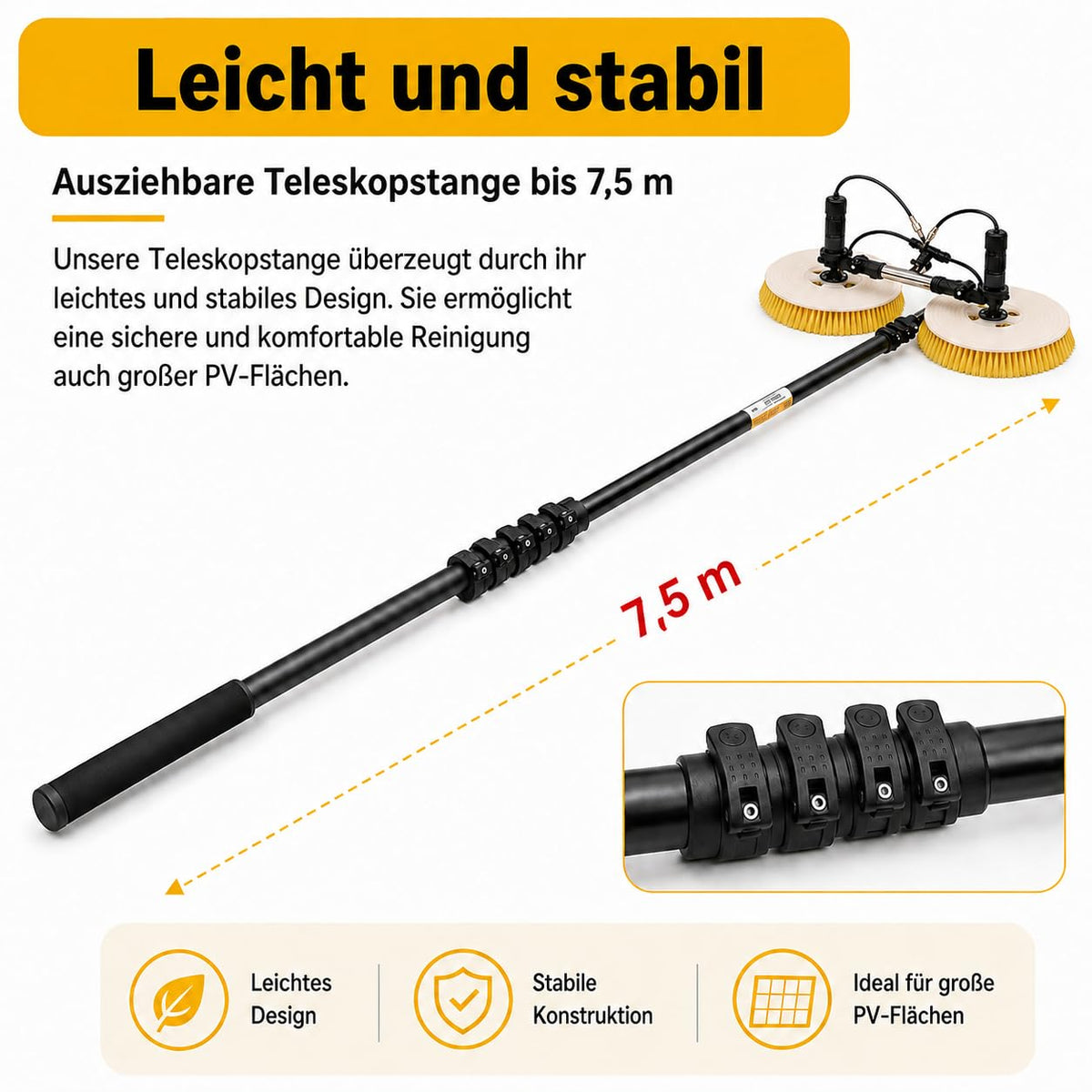 Professionelle Solar Reinigungsbürste Teleskop,Doppelrotationskopf,65cm/25.59in Arbeitsbreite,7.5m Teleskopstange, wasserdicht&energiesparend,für pv anlage reinigung,solaranlage, Versand aus De