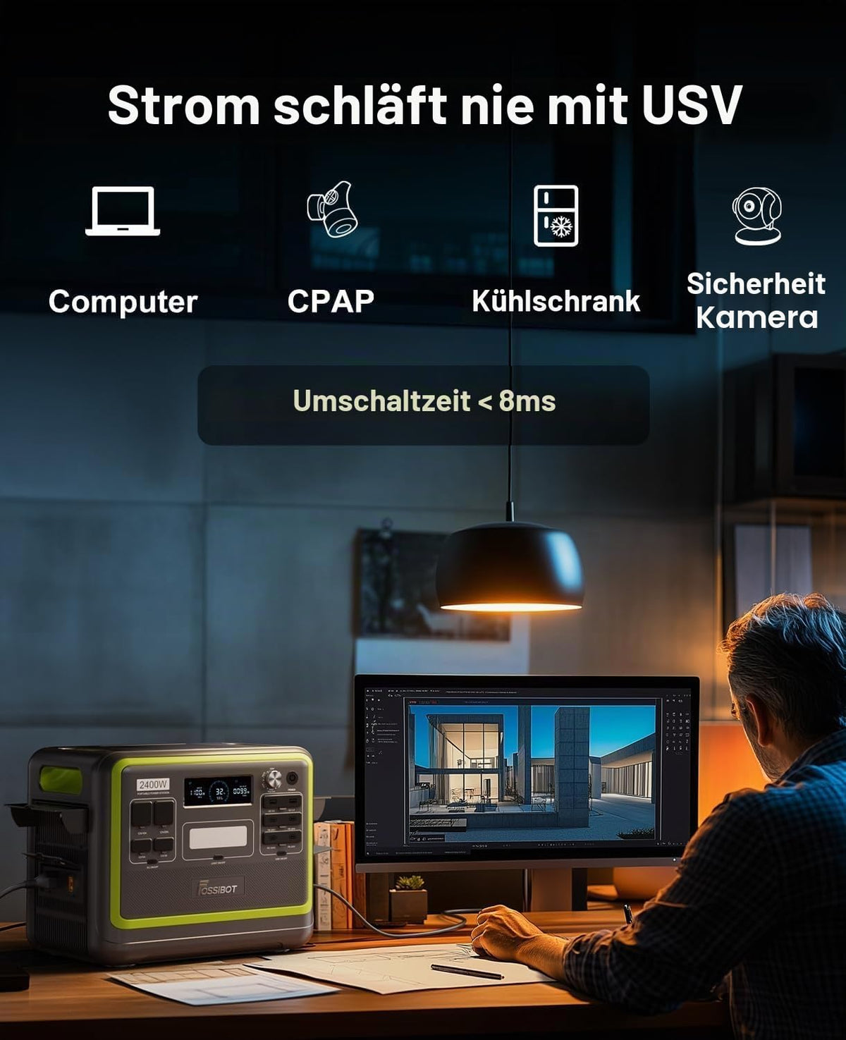 FOSSiBOT F2400 Powerstation mit 200W Solarpanel faltbar, Solargenerator 2048Wh LiFePO4 Batterie 230V 2400W 3AC Ausgängen, USV‑Funktion <10 ms Mobile Stromerzeuger für Camping/Reise/Zuhause/Notfall