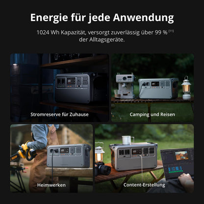 DJI Power 1000 V2 tragbare Powerstation, 200W faltbares Solarpanel, 1024 Wh LFP-Akku, 2600 W stabile Ausgangsleistung, in 37 Min. von 0% auf 80%, maximale Sicherheit, Camping, Stromausfall