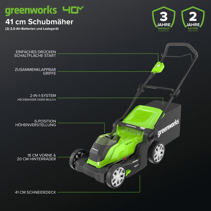 Greenworks 40V Kabelloser Akku Rasenmäher für Flächen bis zu 500 m², 41 cm Schnittbreite, 50-Liter-Sack PLUS zwei 40 V 2Ah-Akkus mit Ladegerät, 3 Jahre Garantie-G40LM41K2X
