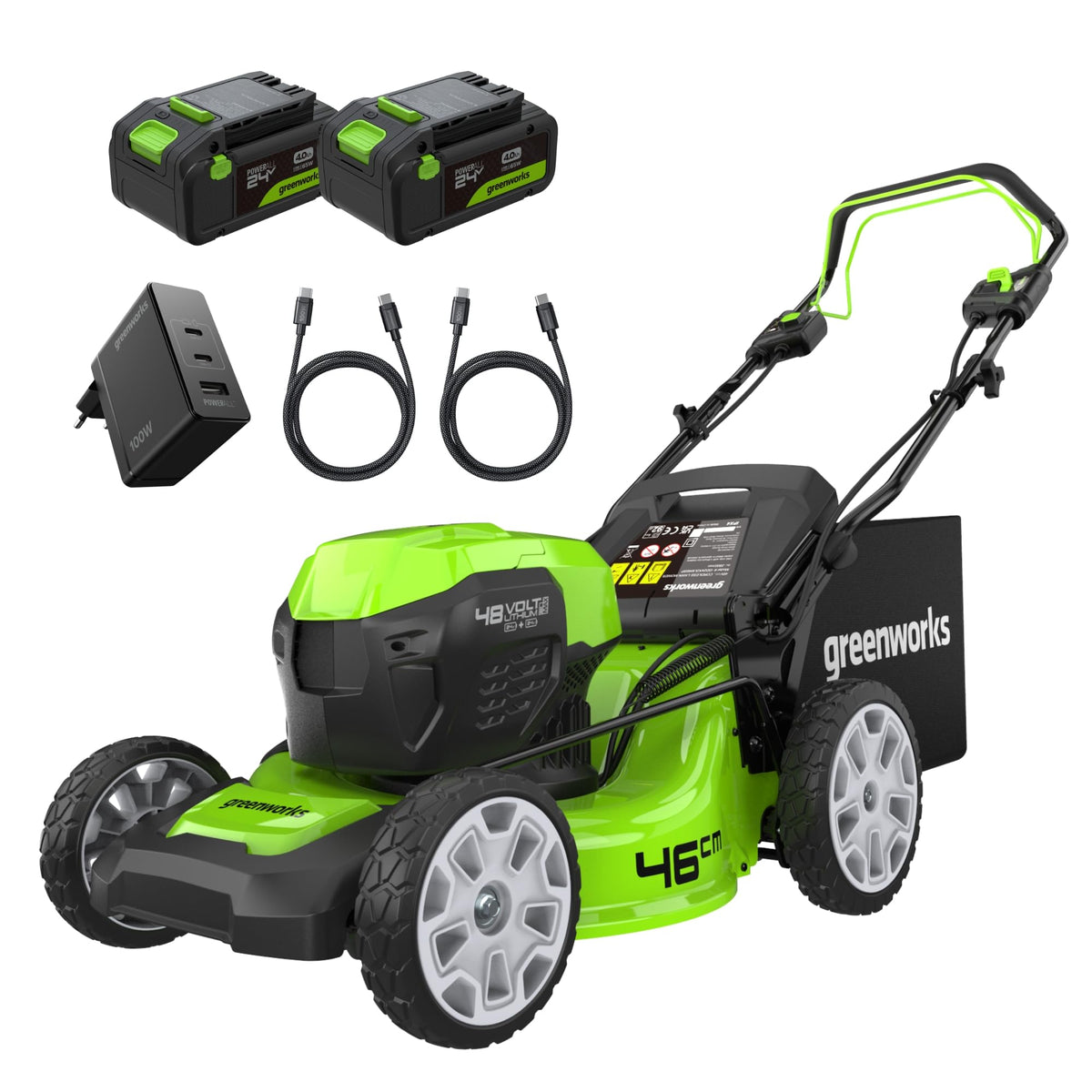 Greenworks Selbstfahrender Akku Rasenmäher 48V (24V x 2) bis zu 480m², 46cm Schnittbreite, 55L Sack Rasenmäher Elektro Plus Zwei 4Ah-Akkus und Doppelladegerät,3 Jahre Garantie,GD24X2LM46SPK4X