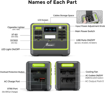 FOSSiBOT F2400 Powerstation mit 200W Solarpanel, Solargenerator 2048Wh LiFePO4 Batterie 230V 2400W 3AC Ausgängen (4800W Peak), Mobile Stromerzeuger für Camping/Reise/Zuhause/Notfall usw
