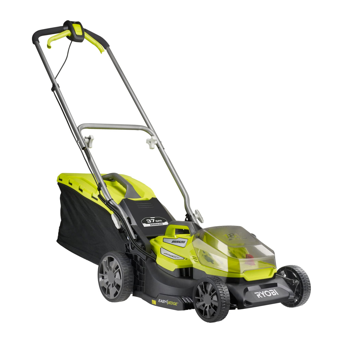 RYOBI 18 V ONE+ Akku-Rasenmäher RY18LMX37A-150, 37 cm Schnittbreite, bürstenloser Motor, inkl. 1 x 5,0Ah Akku & Ladegerät, für Rasenflächen bis 350 m²