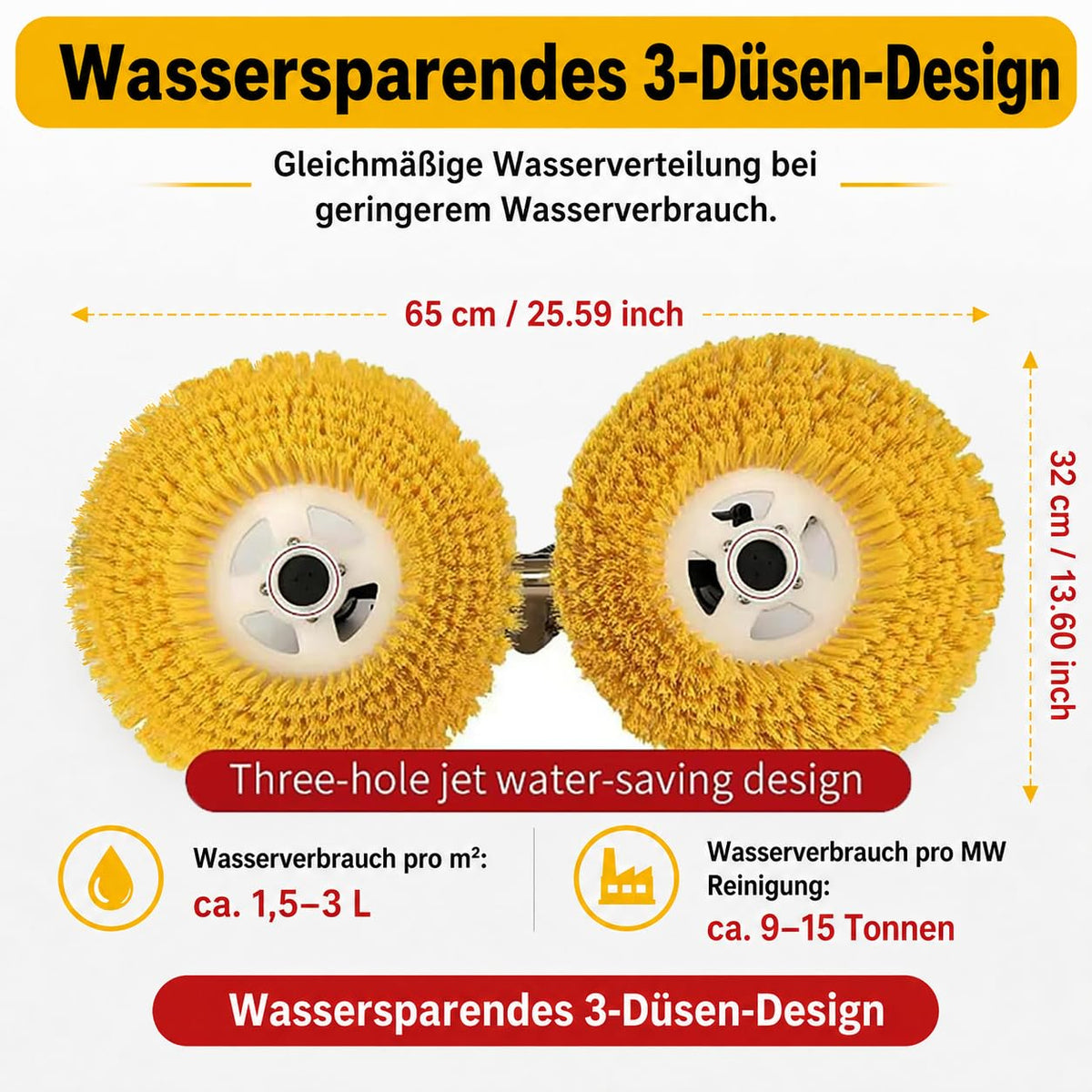 Professionelle Solar Reinigungsbürste Teleskop,Doppelrotationskopf,65cm/25.59in Arbeitsbreite,7.5m Teleskopstange, wasserdicht&energiesparend,für pv anlage reinigung,solaranlage, Versand aus De
