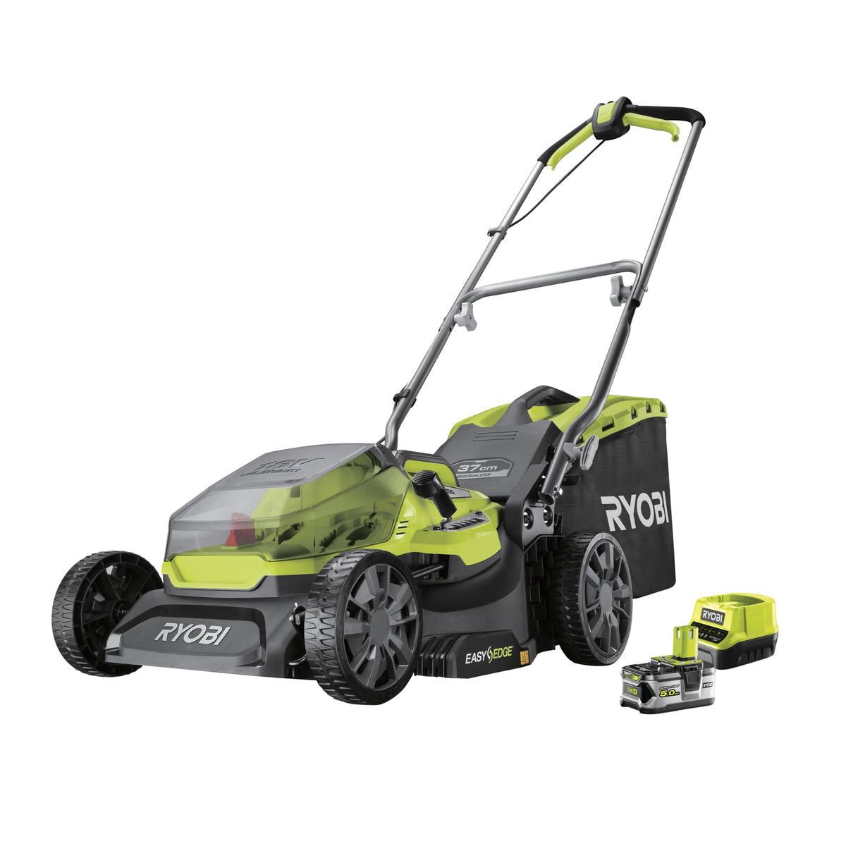 RYOBI 18 V ONE+ Akku-Rasenmäher RY18LMX37A-150, 37 cm Schnittbreite, bürstenloser Motor, inkl. 1 x 5,0Ah Akku & Ladegerät, für Rasenflächen bis 350 m²