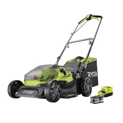 RYOBI 18 V ONE+ Akku-Rasenmäher RY18LMX37A-150, 37 cm Schnittbreite, bürstenloser Motor, inkl. 1 x 5,0Ah Akku & Ladegerät, für Rasenflächen bis 350 m²