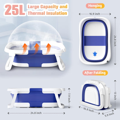 Rabb 1st Baby Badewanne Faltbare, Baby Bathtub Babywanne Faltbar Babybadewanne Tragbare Wanne für Neugeborene Kleinkinder mit Rutschfester Matte und Abflussloch (Kein Thermometer) (Blau)