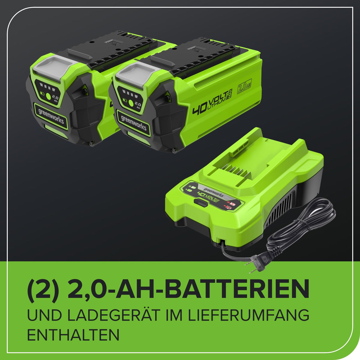 Greenworks 40V Kabelloser Akku Rasenmäher für Flächen bis zu 500 m², 41 cm Schnittbreite, 50-Liter-Sack PLUS zwei 40 V 2Ah-Akkus mit Ladegerät, 3 Jahre Garantie-G40LM41K2X