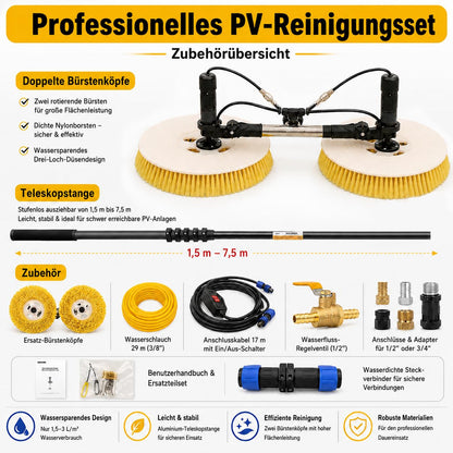 Professionelle Solar Reinigungsbürste Teleskop,Doppelrotationskopf,65cm/25.59in Arbeitsbreite,7.5m Teleskopstange, wasserdicht&energiesparend,für pv anlage reinigung,solaranlage, Versand aus De
