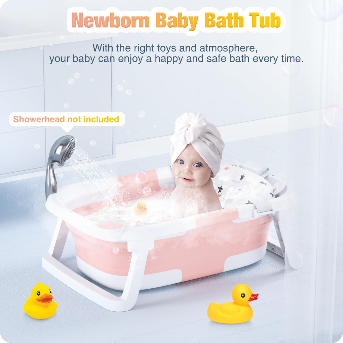 Rabb 1st Baby Badewanne Faltbare, Baby Bathtub Babywanne Faltbar Babybadewanne Tragbare Wanne für Neugeborene Kleinkinder mit Rutschfester Matte und Abflussloch (Kein Thermometer) (Rosa)