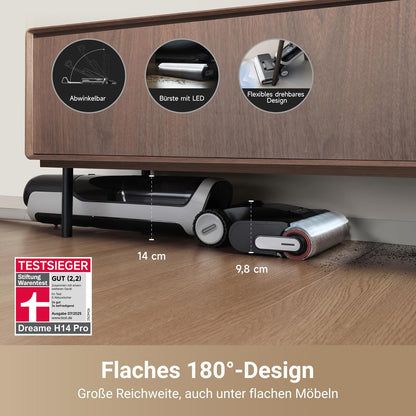 dreame H14 Pro Nass- und Trockensauger, 180° Lie-Flat, 60 °C Bürstenpflege, 5-min Trocknung, automatische Lösungsmittelverteilung, App-Steuerung, Doppelrotationsbürste, 18 kPa Saugkraft, Doppelkante