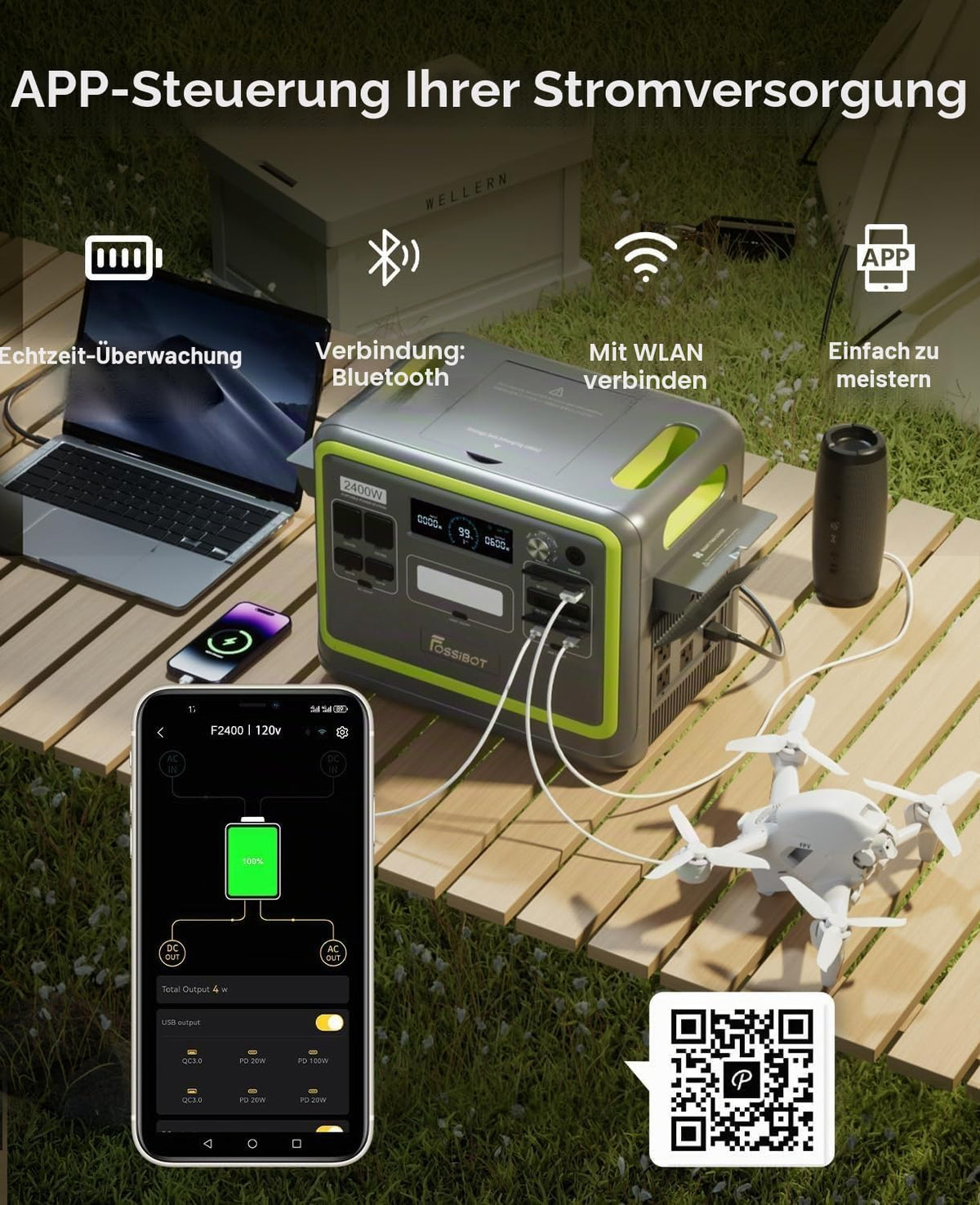FOSSiBOT F2400 Powerstation mit 200W Solarpanel, Solargenerator 2048Wh LiFePO4 Batterie 230V 2400W 3AC Ausgängen (4800W Peak), Mobile Stromerzeuger für Camping/Reise/Zuhause/Notfall usw