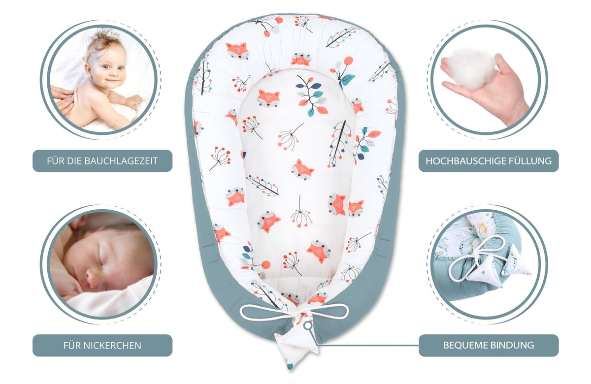 Babynest babynestchen neugeborene 90 x 50 cm baby nestchen tragbar nest für bett kinder kuschelnest coccon für jungen und mädchen fuchs salbei