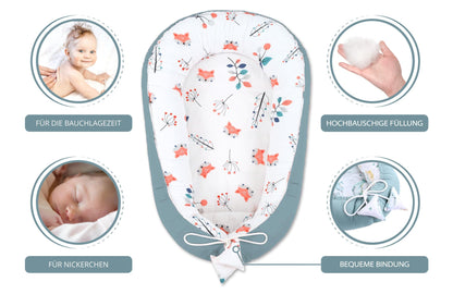 Babynest babynestchen neugeborene 90 x 50 cm baby nestchen tragbar nest für bett kinder kuschelnest coccon für jungen und mädchen fuchs salbei