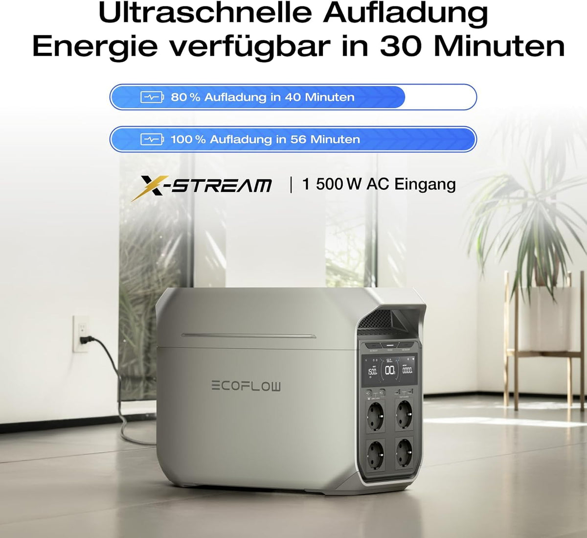 EF ECOFLOW Delta 3 Plus Portable Power Station, 1024 Wh LiFePO4 Battery, Fully Charged in 56 Minutes, 1800 W (3600 W Peak) Solar Generator for Emergency Power Supply, Camping