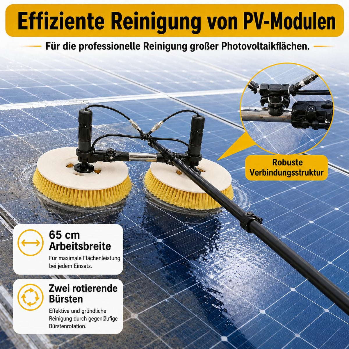 Professionelle Solar Reinigungsbürste Teleskop,Doppelrotationskopf,65cm/25.59in Arbeitsbreite,7.5m Teleskopstange, wasserdicht&energiesparend,für pv anlage reinigung,solaranlage, Versand aus De