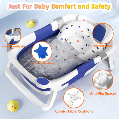 Rabb 1st Baby Badewanne Faltbare, Baby Bathtub Babywanne Faltbar Babybadewanne Tragbare Wanne für Neugeborene Kleinkinder mit Rutschfester Matte und Abflussloch (Kein Thermometer) (Blau)
