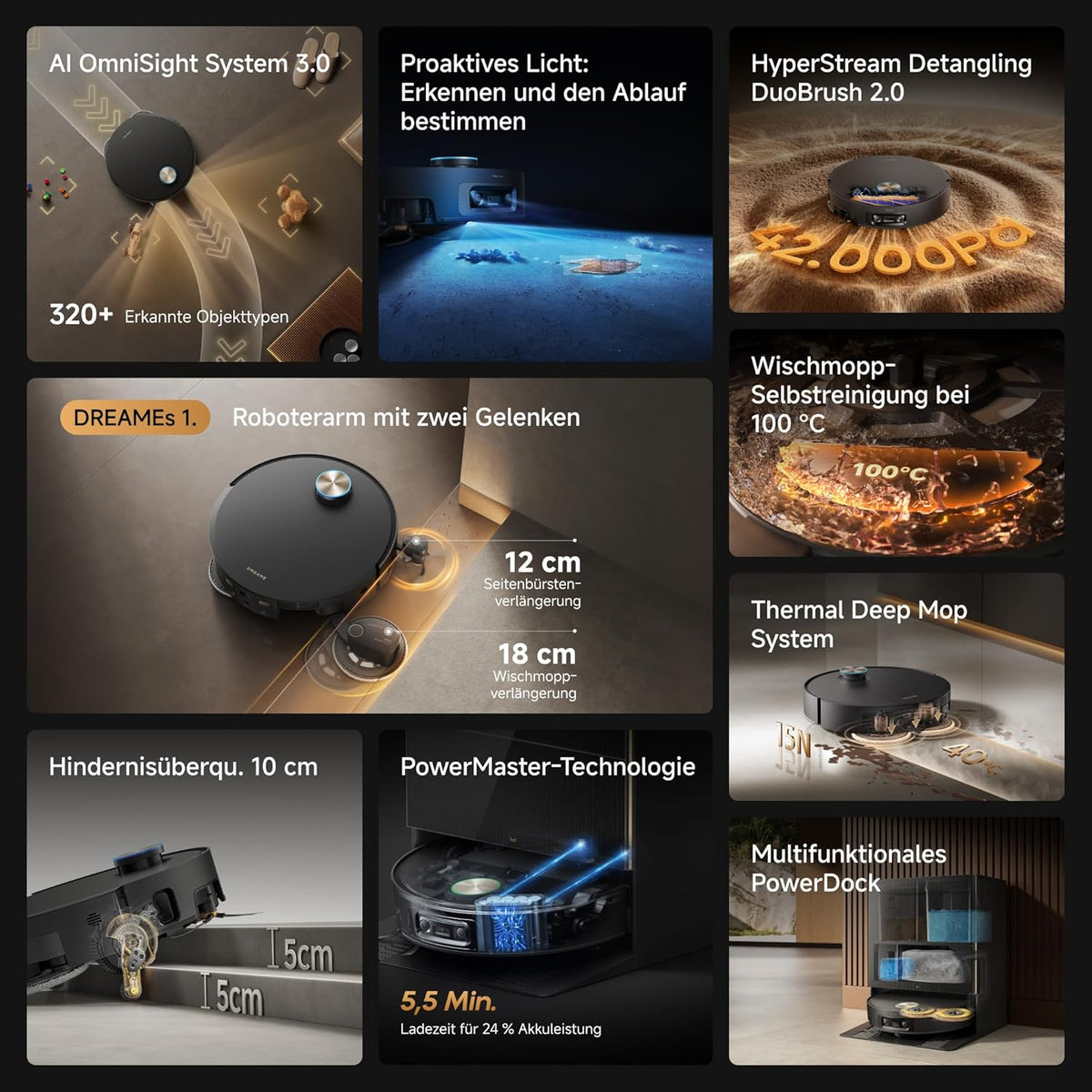 DREAME X60 Pro Ultra Complete, Robot Vacuum and Mop, Dual UltraExtend Arm, Dual AI Cameras, 10cm Obstacle Crossing, 42 000 Pa, Auto-Empty, 100°C Mop Self-Cleaning, and 100% Detangling