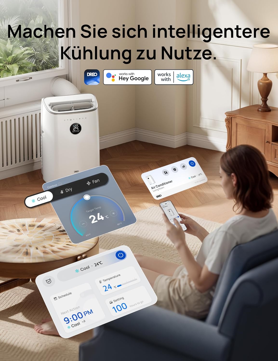 DREO Mobile Air Conditioner, 7,500 BTU Mobile Air Conditioner for Bedroom & Office, 3-in-1 Cooling/Ventilation/Dehumidification, App/Voice Control/Remote Control, Drainage-Free, Window Set, 2.5L/h