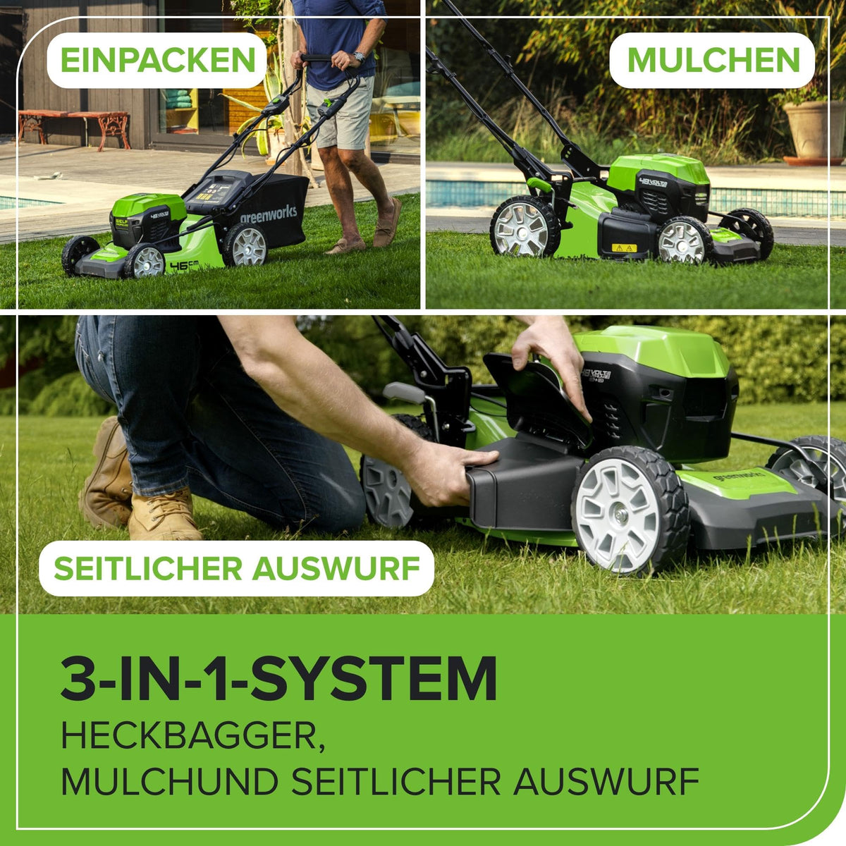 Greenworks Selbstfahrender Akku Rasenmäher 48V (24V x 2) bis zu 480m², 46cm Schnittbreite, 55L Sack Rasenmäher Elektro Plus Zwei 4Ah-Akkus und Doppelladegerät,3 Jahre Garantie,GD24X2LM46SPK4X