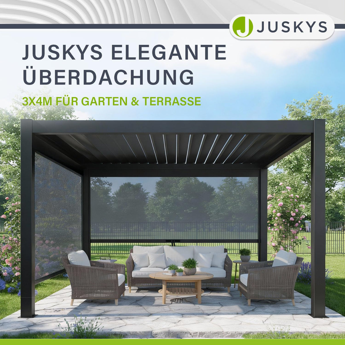 Juskys Lamellendach Tahiti 3x4 m inkl. Seitenwand 4 m