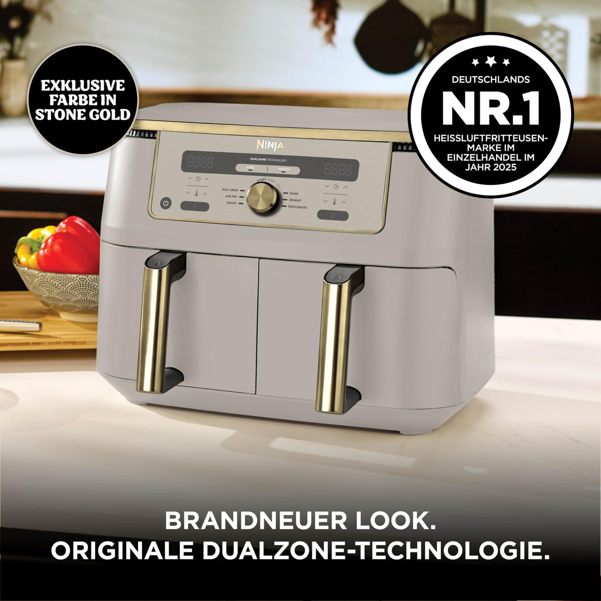 Ninja Dual Zone digitale Heißluftfritteuse, 9,5 L, 6-in-1, Stone/Gold