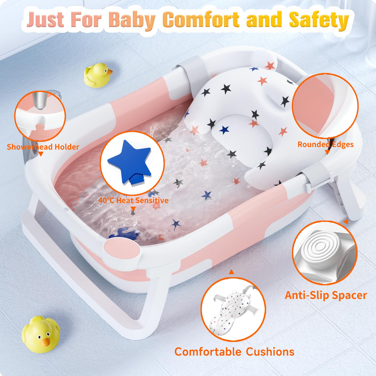 Rabb 1st Baby Badewanne Faltbare, Baby Bathtub Babywanne Faltbar Babybadewanne Tragbare Wanne für Neugeborene Kleinkinder mit Rutschfester Matte und Abflussloch (Kein Thermometer) (Rosa)