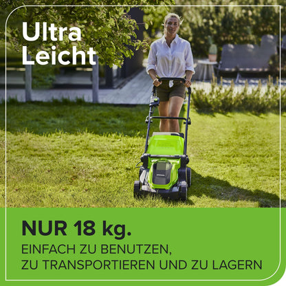 Greenworks 40V Kabelloser Akku Rasenmäher für Flächen bis zu 500 m², 41 cm Schnittbreite, 50-Liter-Sack PLUS zwei 40 V 2Ah-Akkus mit Ladegerät, 3 Jahre Garantie-G40LM41K2X