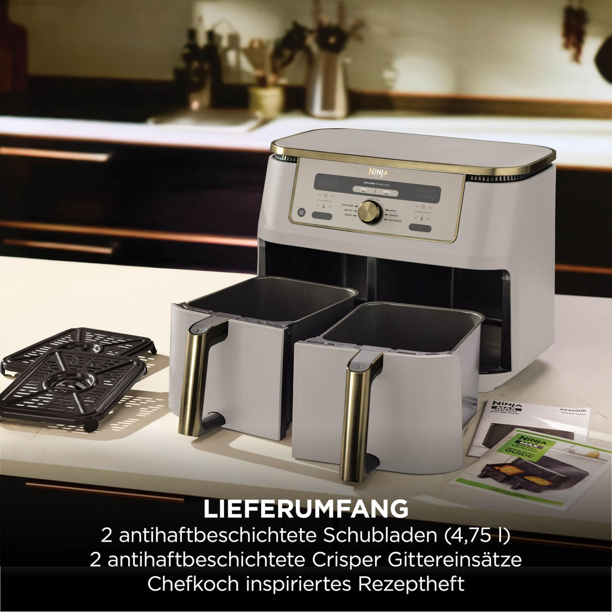 Ninja Dual Zone digitale Heißluftfritteuse, 9,5 L, 6-in-1, Stone/Gold