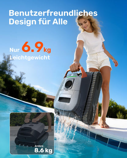 Gosvor (2026 Neu) Poolroboter Wand und Boden, Wasserlinie, Flachzone 4-in-1, Bis zu 200 Min. Laufzeit, Leichtgewicht 6,9 KG, 3μm Ultrafeiner Filter, Poolsuager Akku für Pools bis zu 200 m², Orange