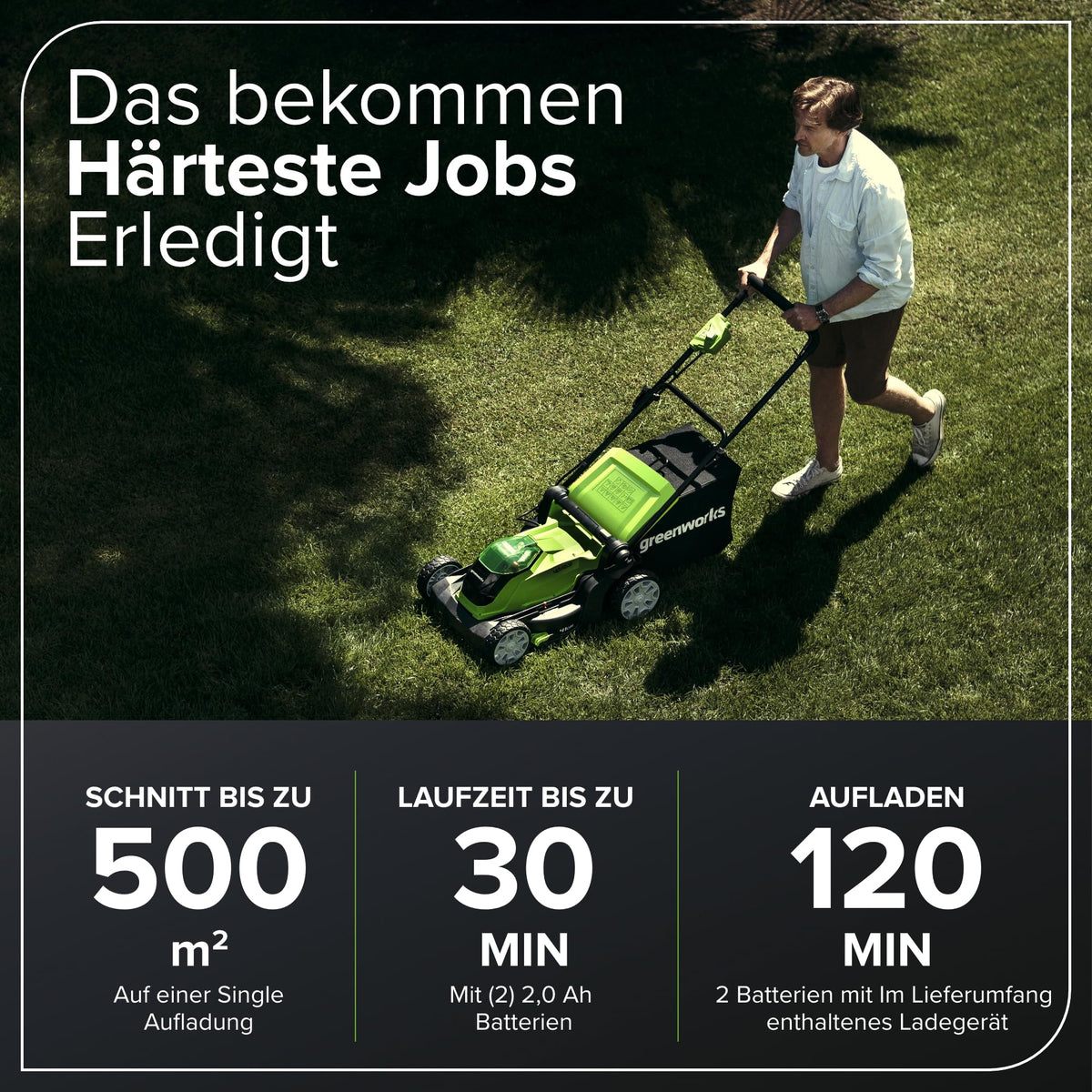 Greenworks 40V Kabelloser Akku Rasenmäher für Flächen bis zu 500 m², 41 cm Schnittbreite, 50-Liter-Sack PLUS zwei 40 V 2Ah-Akkus mit Ladegerät, 3 Jahre Garantie-G40LM41K2X