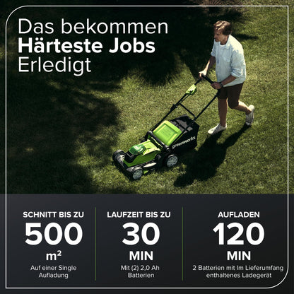 Greenworks 40V Kabelloser Akku Rasenmäher für Flächen bis zu 500 m², 41 cm Schnittbreite, 50-Liter-Sack PLUS zwei 40 V 2Ah-Akkus mit Ladegerät, 3 Jahre Garantie-G40LM41K2X